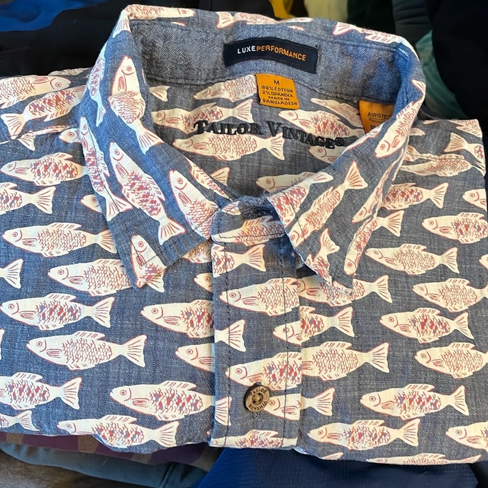 Tailor Vintage blue koi performance button up water/stain repellent wicking M
